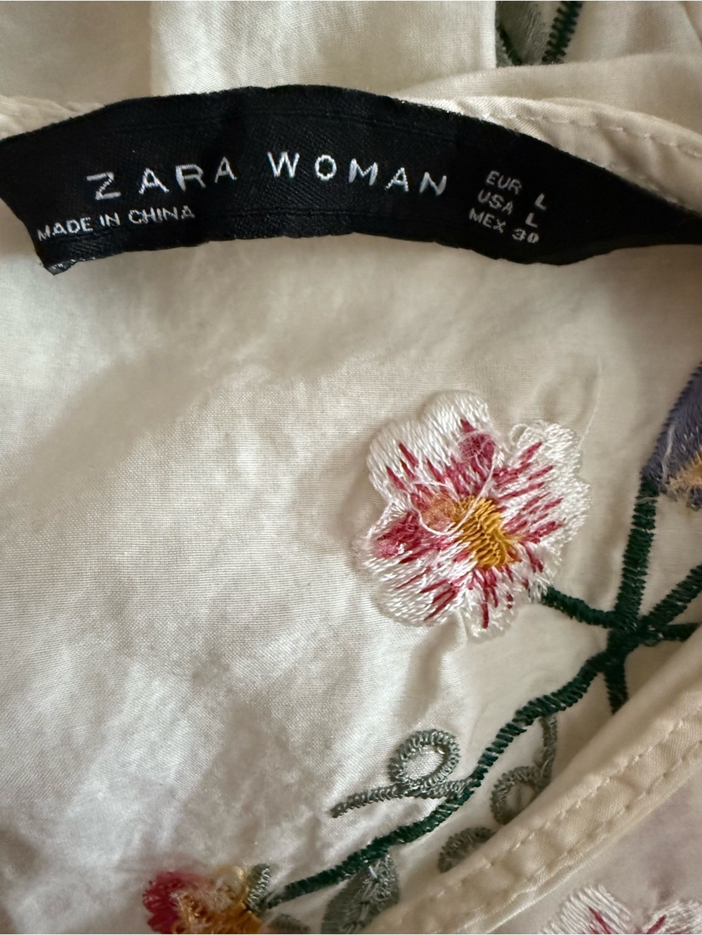 Zara Women’s L Ivory Boho Flower Embroidered Babydoll Long Sleeve Short Dress - Picture 7 of 7